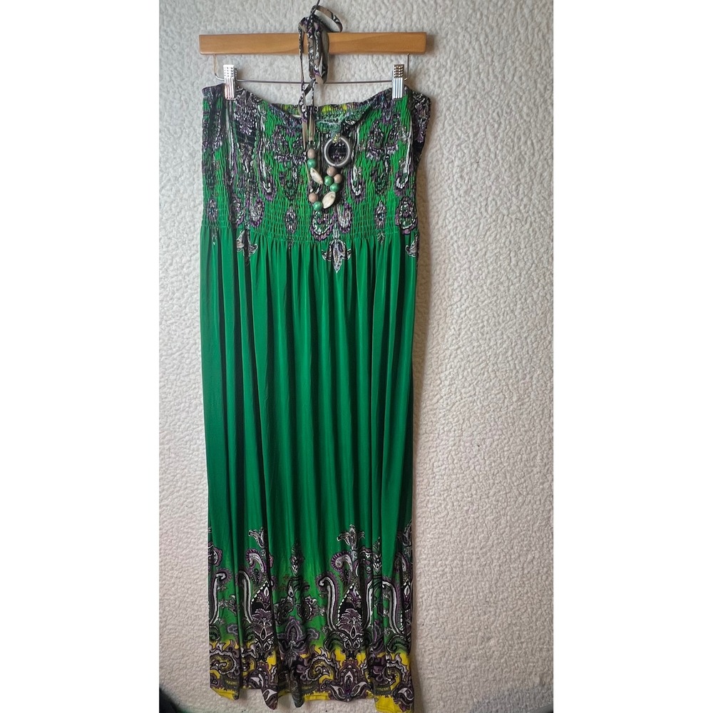 Magic Women 3X Green Paisley Smocked Maxi Dress Beaded Halter Strapless Boho